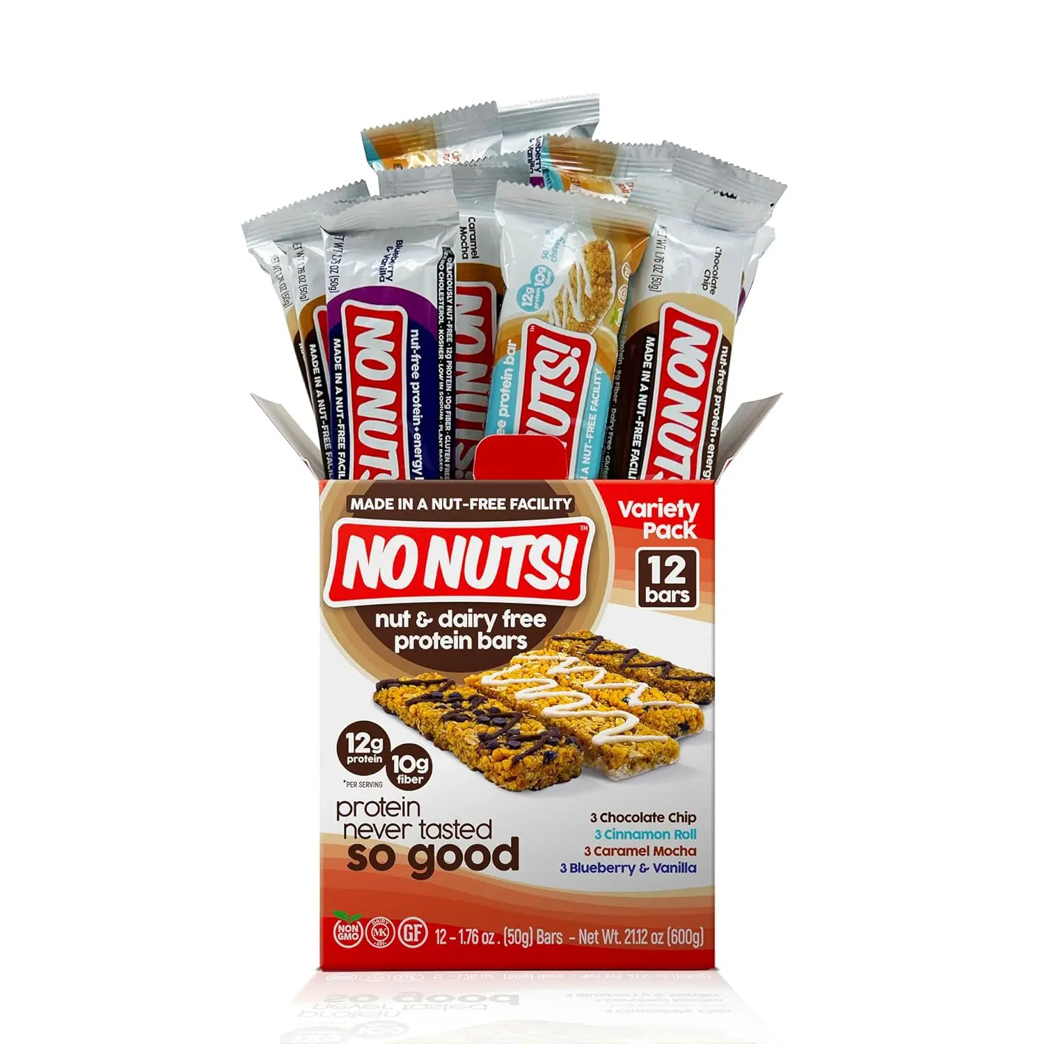 This variety pack features twelve No Nuts! protein bars in delicious flavors like Chocolate Chip, Caramel Mocha, Cinnamon Roll, and Blueberry Vanilla, perfect for a nut-free, vegan, and gluten-free snack.