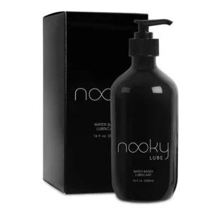 A 16oz bottle of Nooky Lube, a water-based personal lubricant proudly made in the USA, promising a smooth and enjoyable experience for men and women.