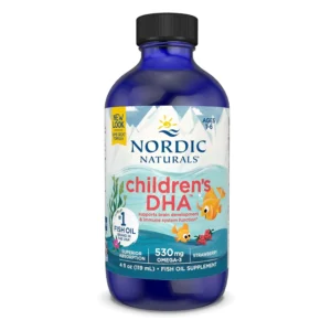 Nordic Naturals Children's DHA in strawberry flavor, made from wild Arctic cod, supports brain development and healthy immune function in kids ages 1-6.