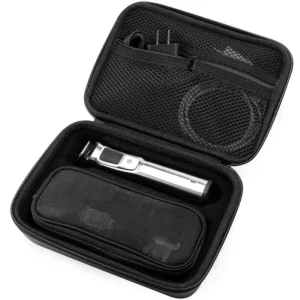 Black hard carrying case designed for Philips Norelco Multigroom Series 7000 electric trimmer shaver and attachments, providing water-resistant protection and organized storage for travel.