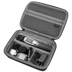 Black hard shell travel case designed to protect a Philips Norelco Multigroom trimmer series 3000, 5000, or 7000 and its attachments from damage during travel.