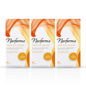 This image shows Norforms Tropical Splash suppositories, a pH-balanced and dermatologist-tested deodorant that provides long-lasting odor control with a fresh, tropical scent.