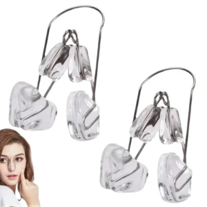 Two nose shaping clips made of stainless steel and soft silicone for slimming, lifting, and straightening the nose.