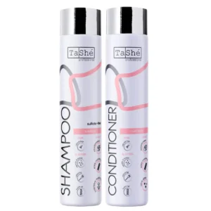 TASHE nourishing shampoo and conditioner set for dry and damaged hair helps to hydrate, restore shine, and reduce frizz and split ends.