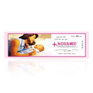 A white Novamed pregnancy test, midstream format, in hygienic packaging, formulated for accurate and reliable early detection.