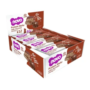 Twelve NOVO chocolate flavored protein wafer bars in hygienic packaging.