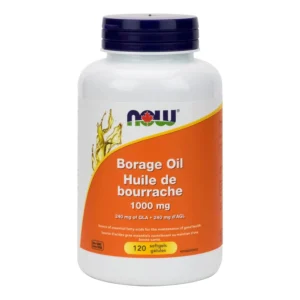 Bottle of NOW Borage Oil 1000mg softgels, a nutritional oil with 240mg of GLA per serving, containing 60% polyunsaturated fats, expeller-pressed and hexane-free.