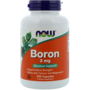 Bottle of Now Foods Boron 3mg containing 250 capsules for daily mineral supplementation.
