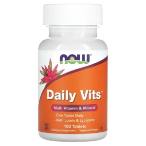 Bottle of NOW Foods Daily Vits multi tablets with lutein and lycopene, suitable for vegans and vegetarians.