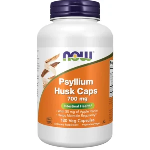 This is a bottle of Now Foods Psyllium Husk capsules, a food supplement containing 700mg of psyllium husk per capsule, with 180 capsules in total.