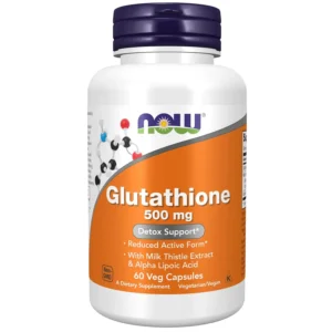 Bottle of NOW Glutathione 500mg capsules with milk thistle extract and alpha lipoic acid, a reduced active form peptide packaged in the USA.