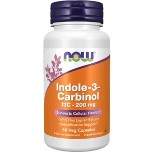 Bottle of Now Indole-3-Carbinol (I3C) 200 mg, a nutritional supplement containing 60 vegetarian capsules.