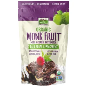 One pound bag of NOW Foods Monk Fruit Sweetener, a zero calorie and keto-friendly sugar alternative made with organic monk fruit and erythritol, perfect for baking and sweetening beverages.