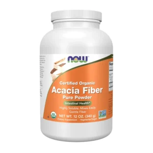 A container of NOW Foods Certified Organic Acacia Fiber powder, a nutritional supplement weighing 12 ounces.