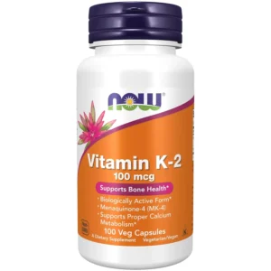 This is a bottle of NOW Vitamin K-2 supplements with 100 mcg of Menaquinone-4 (MK-4) per capsule, designed to support bone health and proper calcium metabolism.