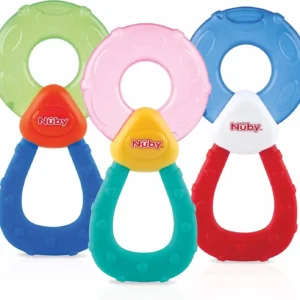 Nuby Coolbite round teether filled with distilled water provides cooling relief for teething pain and massages sensitive gums, available in assorted colors.