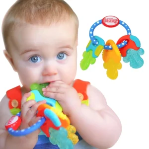 The Nuby Ice Gel Teether Keys provide cooling relief for a teething baby, with a multi-surface design to soothe front, middle, and back gums while being easy to grip for little hands.
