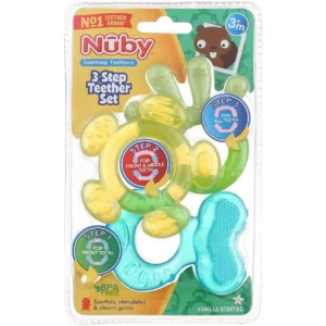 This Nuby teether set offers soothing relief for babies with textured surfaces to massage sore gums, perfect for front, middle, and back teeth teething.