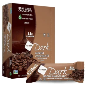 Twelve NuGo Dark Mocha Chocolate protein bars with 11g of plant-based vegan protein are a gluten-free and guilt-free anytime snack.