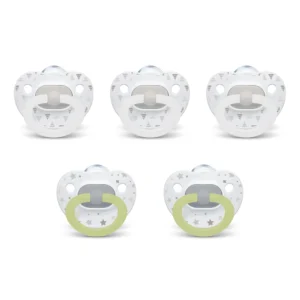 This pack of two NUK orthodontic pacifiers in size 0-6 months features an asymmetrical shape, heart-shaped shield, and is made of BPA-free silicone.