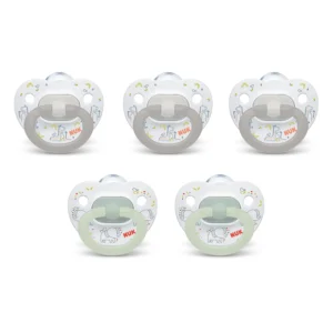 Five NUK orthodontic pacifiers for babies 0-6 months featuring an asymmetrical shape, heart-shaped shield, and natural nipple design to mimic breastfeeding.