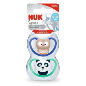 Two-pack of BPA-free Nuk Space orthodontic silicone soothers designed for babies aged 6 to 18 months, featuring extra-large ventilation holes for sensitive skin and a thinner teat neck to reduce pressure on jaws and teeth.