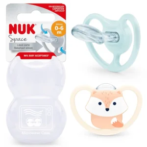 Two BPA-free NUK Space baby dummies with a fox design, sized for 0-6 months, featuring extra-large air openings for sensitive skin and promoting healthy oral development, displayed in a reusable carry case.