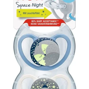 Two NUK Space Night orthodontic silicone soothers for babies aged 6-18 months with a glow in the dark button and extra-large ventilation holes, designed for sensitive skin and come in a reusable storage box.