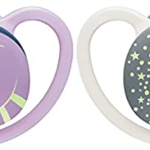 Two orthodontic silicone NUK Space soothers for babies 0-6 months with glow in the dark buttons and extra ventilation, packaged in a reusable storage box.