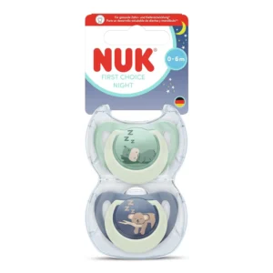 Two BPA-free NUK Star Night glow-in-the-dark pacifiers, designed for babies 0-6 months, featuring a soft silicone nipple that mimics a mother's shape and promotes healthy oral development with the NUK Air System.