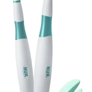 NUK training toothbrush set for babies and toddlers 6 months and up, includes a cleaning trainer to massage gums and a brushing trainer for first teeth, with a protective ring stand.