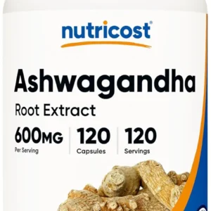 Bottle of Nutricost Ashwagandha Root Extract capsules containing 600mg of pure ashwagandha extract per serving to support daily wellness.