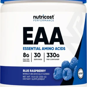 Nutricost Blue Raspberry EAA powder provides 8g of essential amino acids per serving including BCAAs, L-Lysine, L-Threonine, and other vital amino acids for muscle support and recovery, in a non-GMO and gluten-free formula.