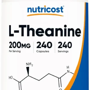 This is a bottle of Nutricost L-Theanine double strength, 200mg capsules, with 240 capsules per bottle, that are non-GMO and gluten-free.