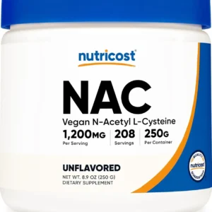 Nutricost N-Acetyl L-Cysteine powder, 250 grams per bottle, is a vegan and non-GMO supplement with 1200mg of NAC per serving.
