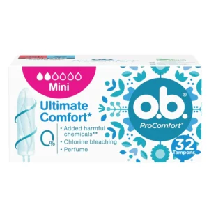 o.b. ProComfort Mini Tampons with SilkTouch cover and DynamicFit technology for comfort and protection during light to moderate flow days, packaging may vary.