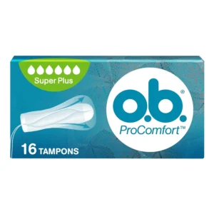 A box of O.B. Pro Comfort Super Plus tampons, a gynecologist-approved feminine care product.