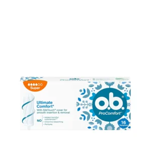 Sixteen OB ProComfort Super tampons with interlocked grooves for leak protection, designed for comfortable insertion and removal, and ideal for moderate flow.