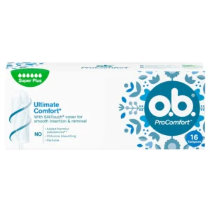 Sixteen OB ProComfort Super Plus tampons offer reliable protection with curved grooves, SilkTouch technology, and StayDry technology for a clean and fresh feeling, ideal for heavy flow.