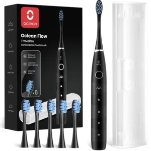 Black Oclean Flow electric toothbrush with travel case, offering 180 days of battery life, five cleaning modes, and six brush heads for optimal oral hygiene.