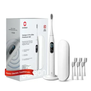 This grey Oclean X Pro Elite electric toothbrush comes with six brush heads and a travel case, offering smart features and personalized cleaning modes for a superior brushing experience.