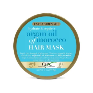A 6-ounce container of OGX Extra Strength Argan Oil of Morocco hair mask provides deep hydration and repair for damaged and dry hair, leaving it silky smooth and radiant.