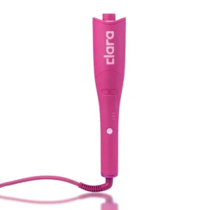 Pink oil-coated auto curler with dual rotation, anti-burn protection, tangle-free styling and three heat settings for salon-quality curls on all hair types.