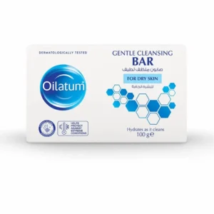 Oilatum Gentle Cleansing Bar is a soap-free emollient bar that hydrates and cleanses dry, eczema-prone, and sensitive skin, protecting the skin's natural barrier.