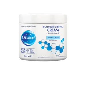 Oilatum rich moisturizing cream deeply nourishes and protects dry, sensitive, and eczema-prone skin with natural shea butter, providing long-lasting hydration and targeting dryness, dehydration, tightness, dullness, and irritation.