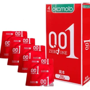 A four-pack of Okamoto 0.01 polyurethane condoms, ultra thin and made in Japan, promises sensitivity and protection.