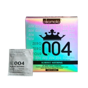 A 24-count box of OKAMOTO 004 ultra-thin condoms made with soft Sherlon Latex for a skin-on-skin feel and lubricated with surgical-grade silicone.