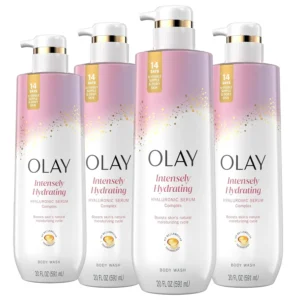 Four bottles of Olay Body Wash with Hyaluronic Acid and Vitamin B3 complex to cleanse and nourish skin for long-lasting hydration.