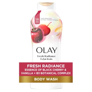 Olay Fresh Radiance body wash with black cherry and vanilla scent, formulated with plant-based cleansers and vitamin B3 for healthy, radiant skin in 14 days.