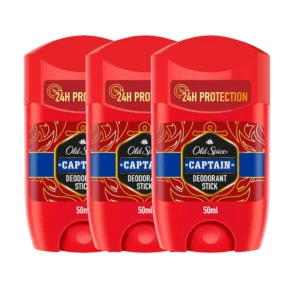 This image shows a pack of three Old Spice Captain deodorant sticks for men, each with a 50 ml capacity.